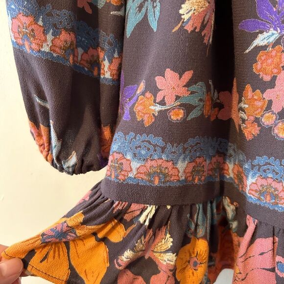 Free People Violet Hill Print Boho Floral Deep V Neck Tie Back Mini Dress Size 2 - Picture 7 of 14